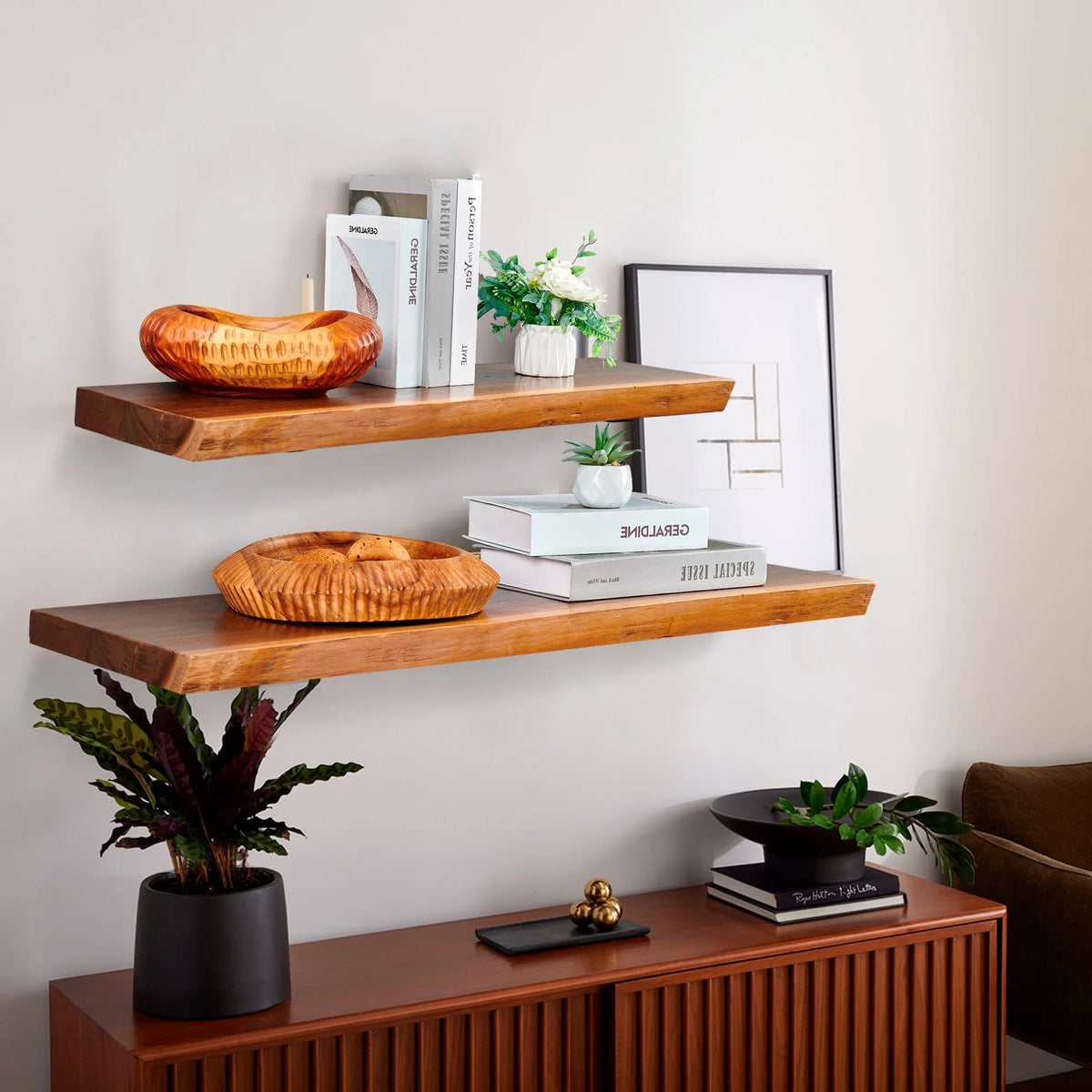 1 Piece Teak Wood Live Edge Rustic Floating Wall Shelf - 24, 36, 42