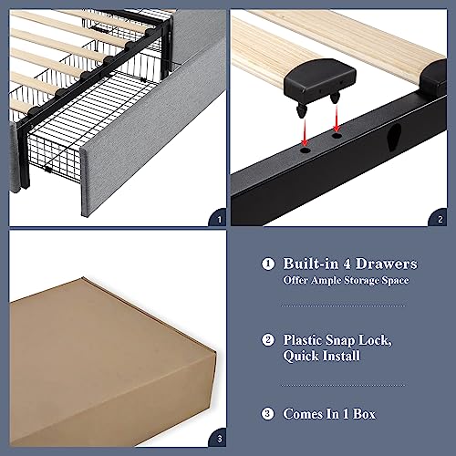 Allewie Upholstered Queen Platform Bed Frame With 4 Storage Drawers And Adjustable Headboard