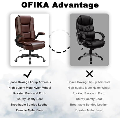Big And Tall Ergonomic Office Chair, High Back Leather Executive Computer Chair With Padded Flip-Up Arms - 20.87in D x 27.3in W x 47.24in H