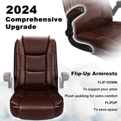 Big And Tall Ergonomic Office Chair, High Back Leather Executive Computer Chair With Padded Flip-Up Arms - 20.87in D x 27.3in W x 47.24in H