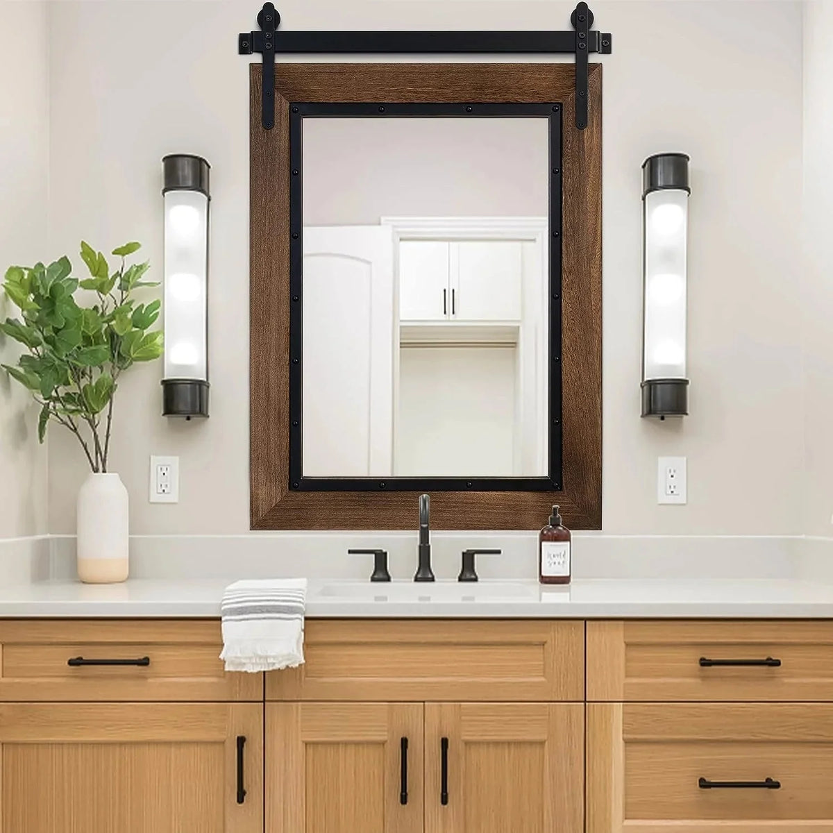 COSMOGO Farmhouse Barn Door Style Natural Wood Bathroom Vanity Wall Mirror 24 x 32 in
