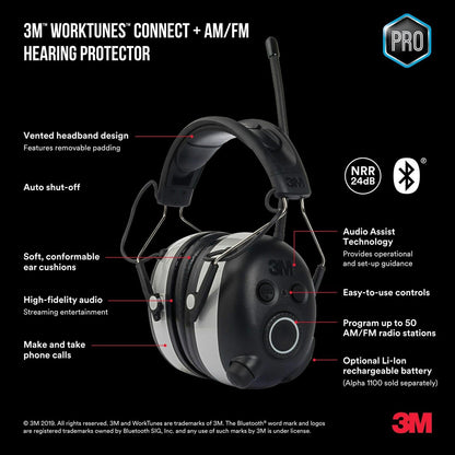3M WorkTunes Connect AM/FM Hearing Protector With Bluetooth Technology, Black, 1 Pack - 90542H1-DC-PS