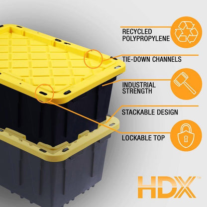HDX 27-Gallon Black Stackable Waterproof Storage Tote With Yellow Lid - 5-Pack